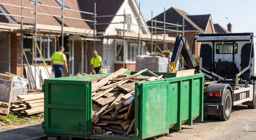 Benne ampliroll chargée de bois avec camion sur un chantier