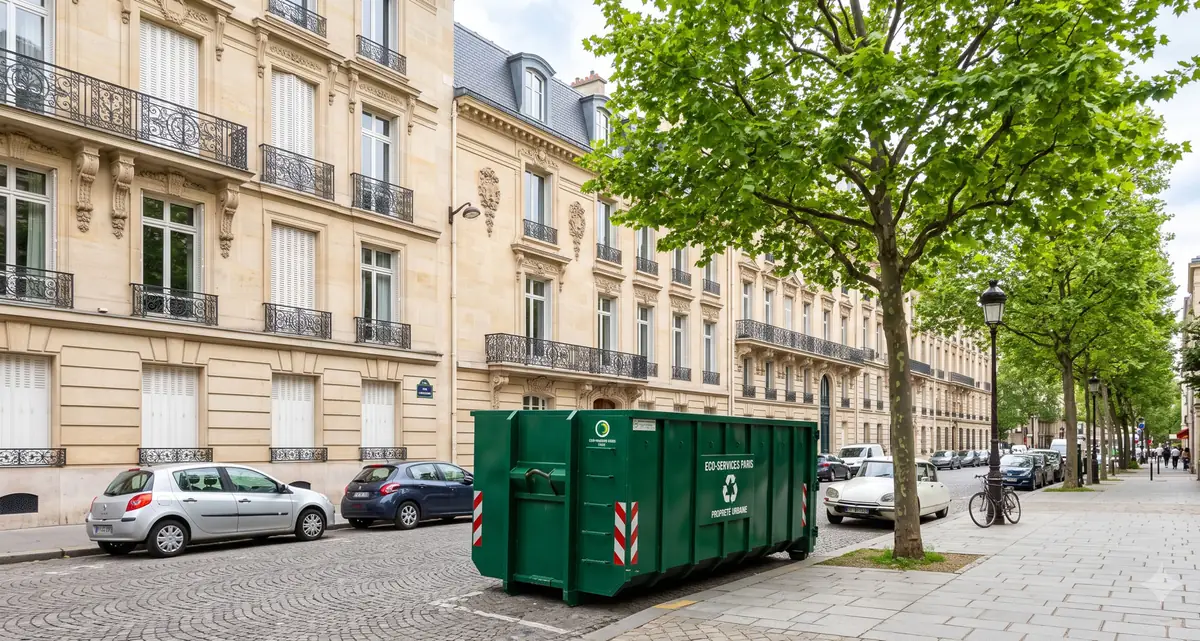 Benne ampliroll verte posée dans une rue haussmannienne à Paris