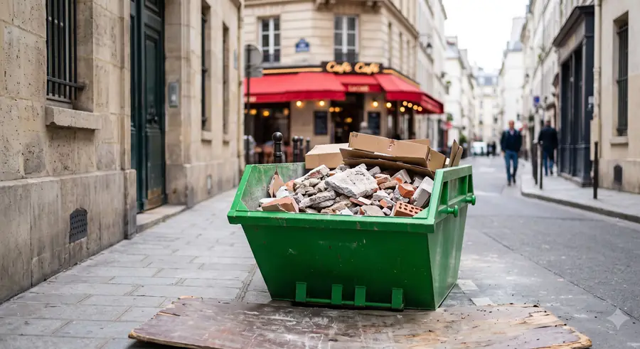Benne à chaîne remplie de gravats dans une rue parisienne